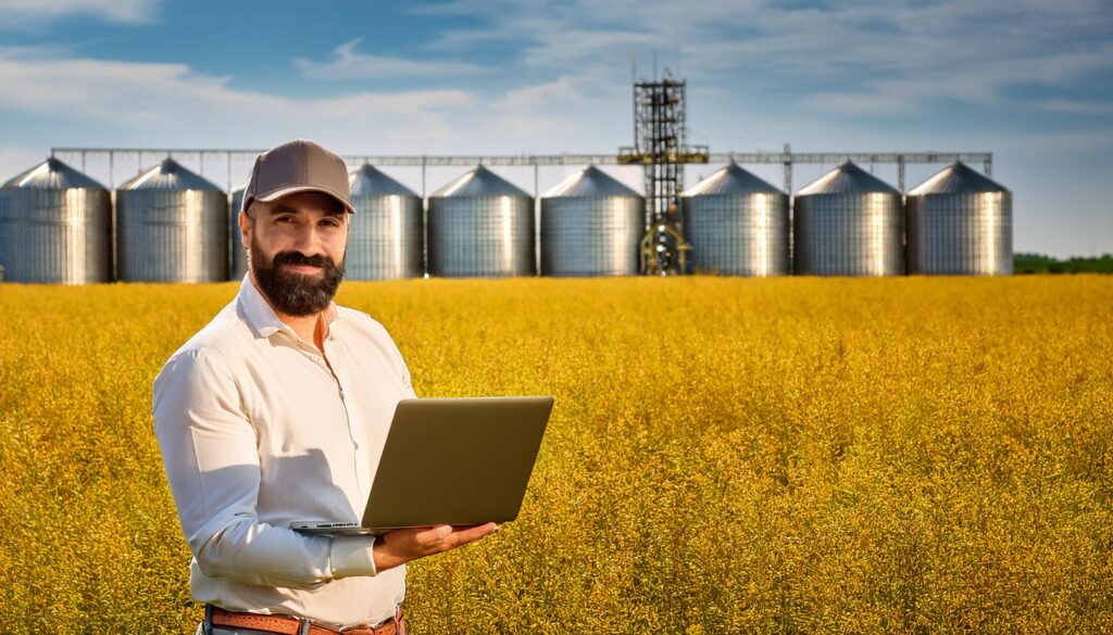 Um homem feliz enquanto monta sua estratégia de marketing para silos e vários silos ao fundo para armazenamento