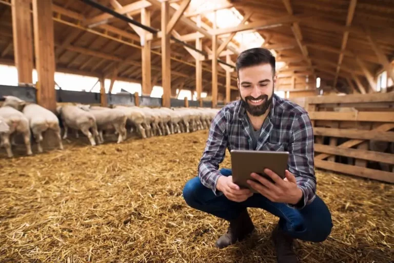 Um homem usa o tablet com CRM para melhorar a gestão de clientes na agropecuária